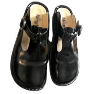 Alegria Black High Gloss Leather Mazie Clog Buckle Mules Size 8 (38)